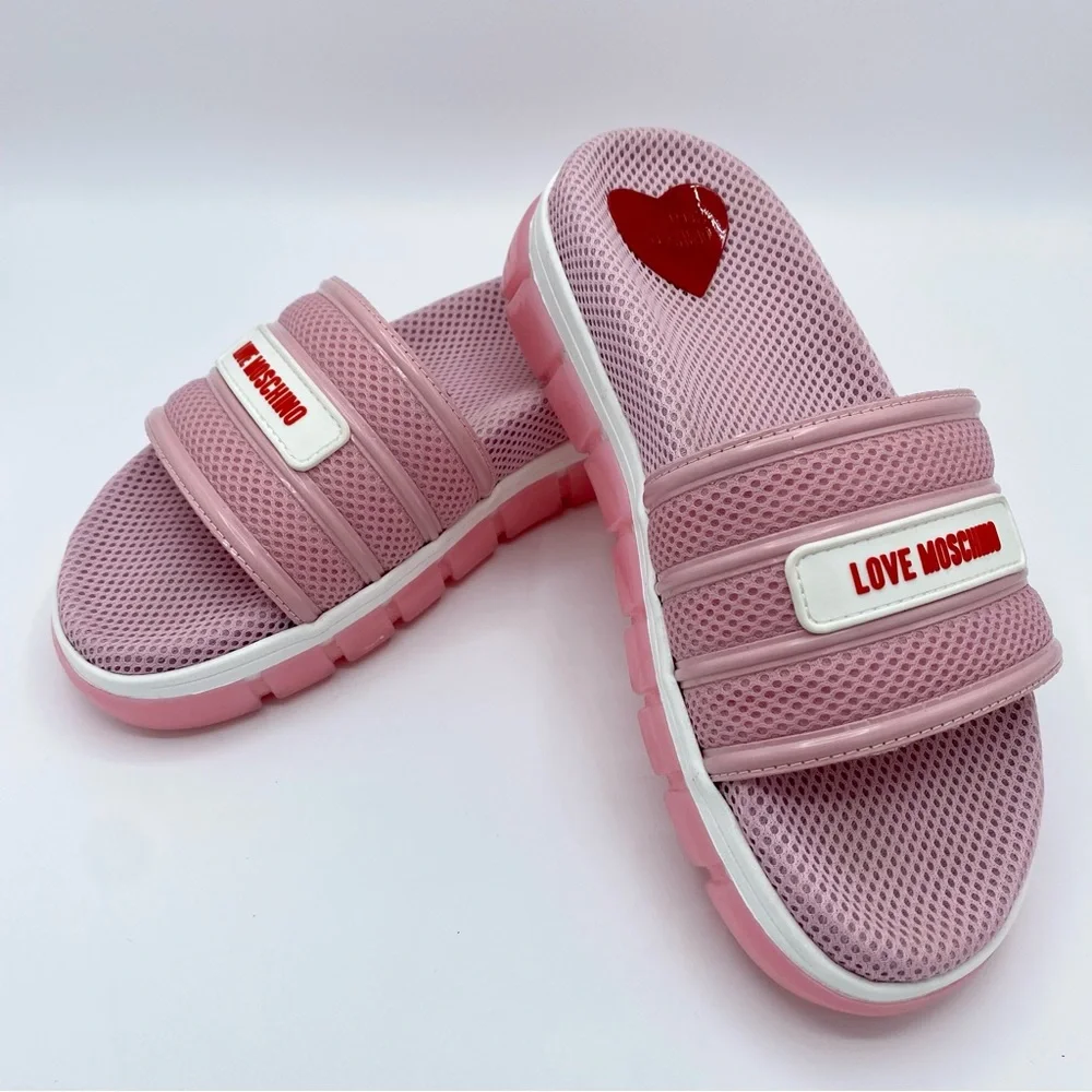Love Moschino Rete Rosa Brand Logo Slide Sandal Size 38 / US 8